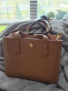 Tory Burch Chestnut Pebbled Leather Small Tote with Gold Logo
